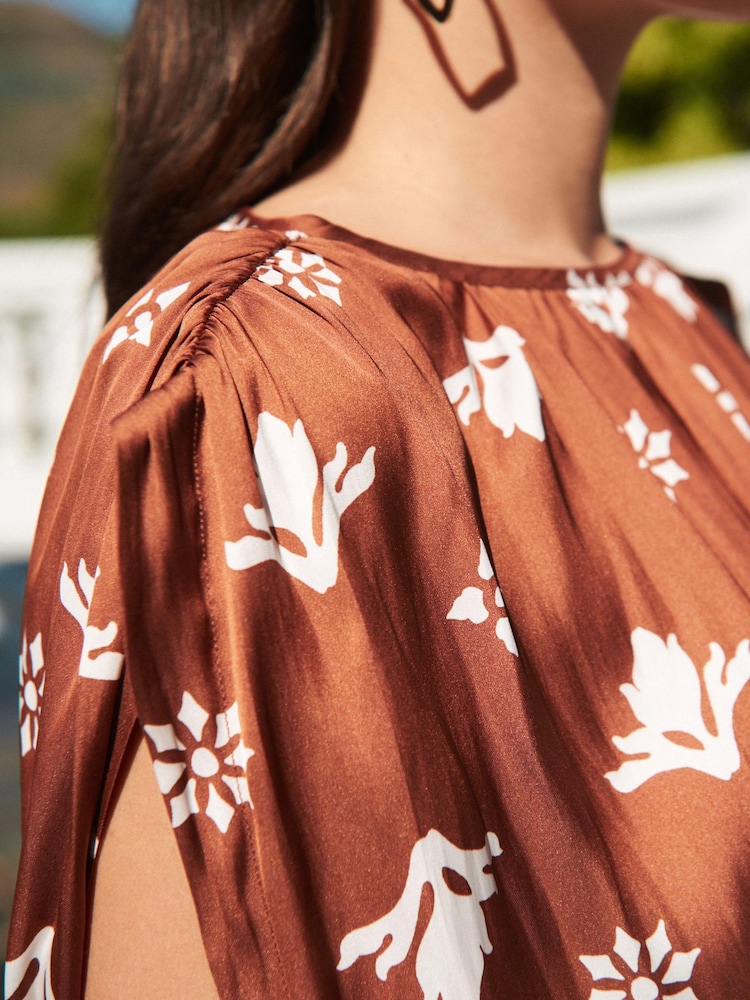 Brown Printed Satin Ruched Top - Image 4 of 5