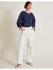Monsoon Blue Ivy Floral Embroidered Blouson 100% Cotton Blouse - Image 1 of 5