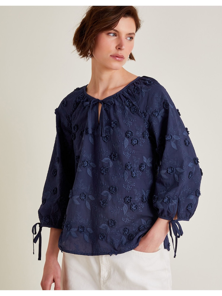 Monsoon Blue Ivy Floral Embroidered Blouson 100% Cotton Blouse - Image 2 of 5