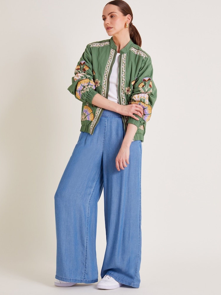 Monsoon Green Cristina Embroidered Bomber 100% Cotton Jacket - Image 1 of 6