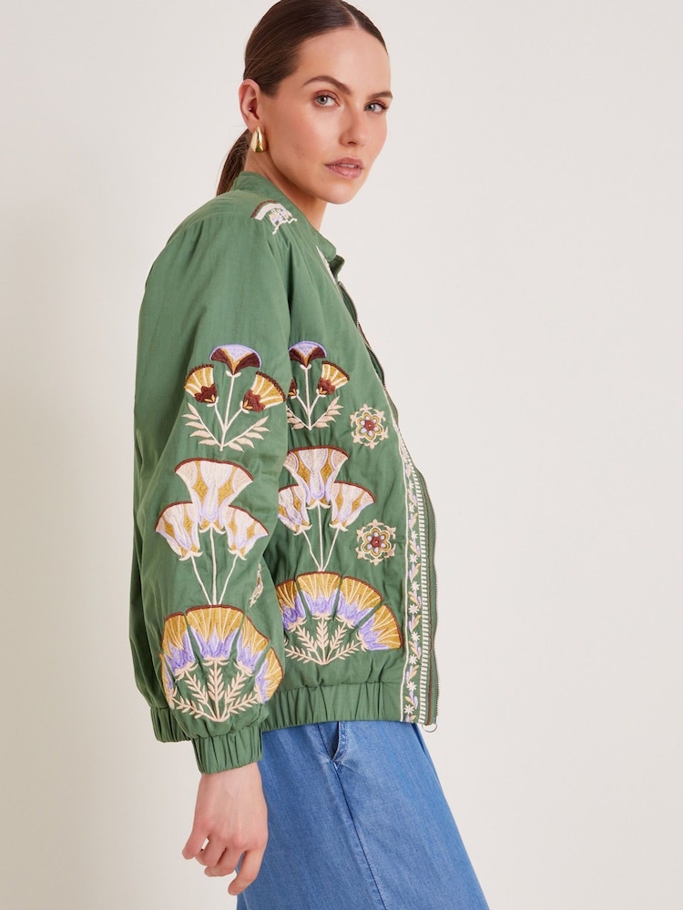 Monsoon Green Cristina Embroidered Bomber 100% Cotton Jacket - Image 2 of 6