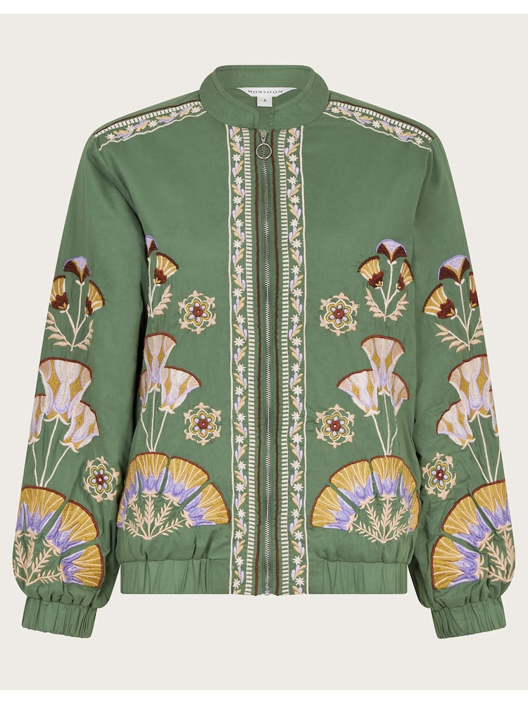 Monsoon Green Cristina Embroidered Bomber 100% Cotton Jacket - Image 6 of 6
