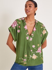 Monsoon Green Alice Floral Embroidered V-Neck Blouse - Image 1 of 5