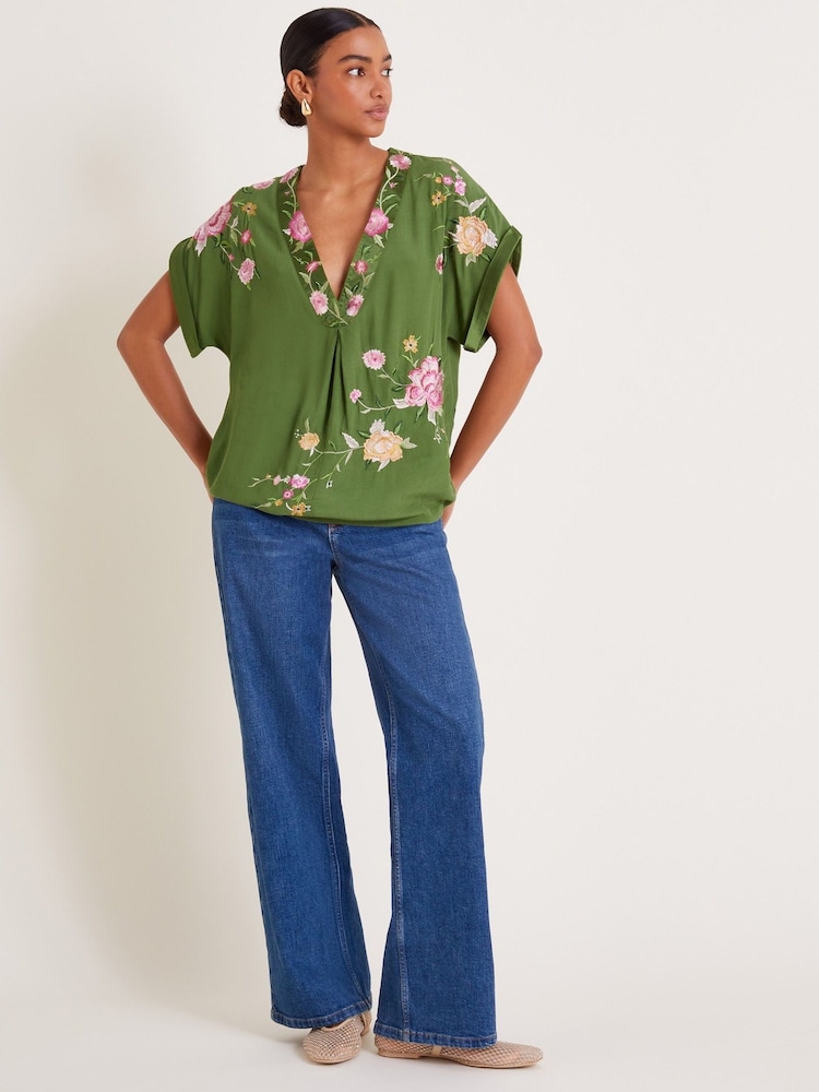 Monsoon Green Alice Floral Embroidered V-Neck Blouse - Image 2 of 5