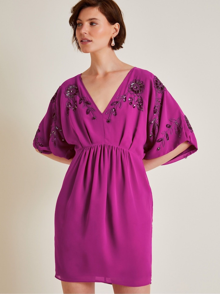 Monsoon Pink Isla Embellished Short Sleeve Mini Dress - Image 2 of 5 Monsoon Pink Isla Embellished Short Sleeve Mini Dress - Image 2 of 5