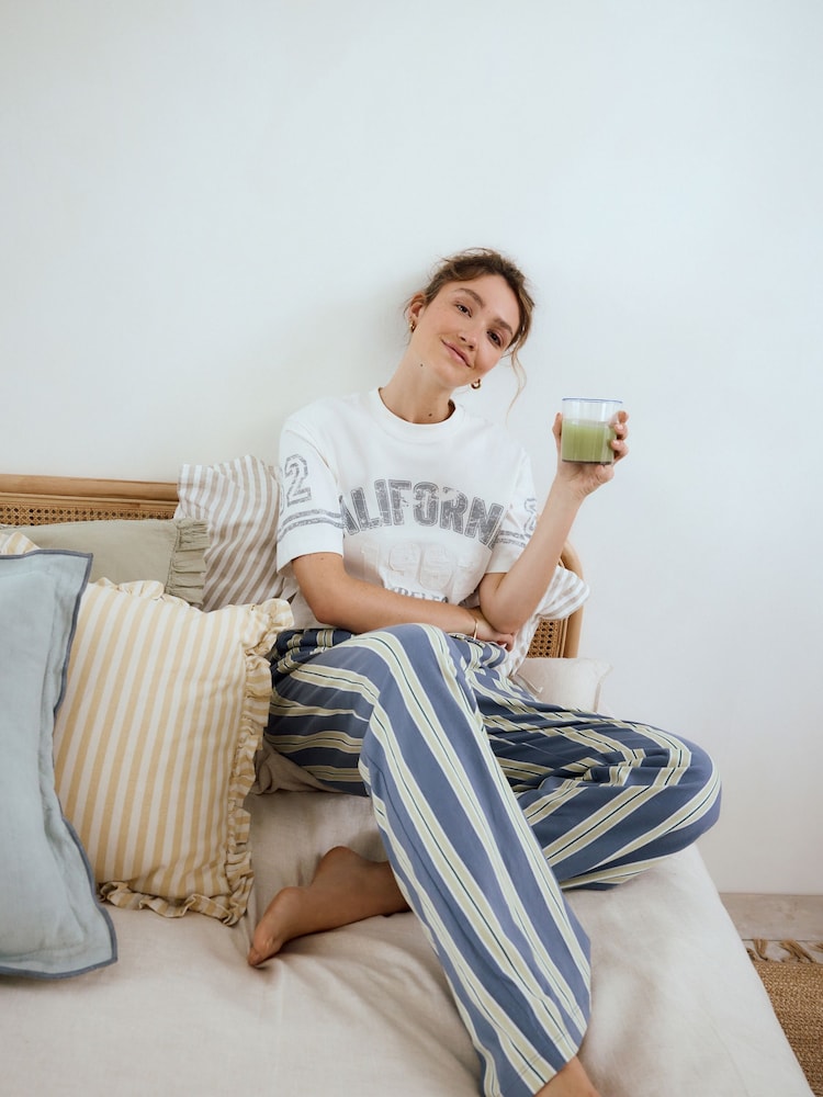 Blue Green Stripe 100% Cotton Short Sleeve Pyjamas - Image 2 of 7