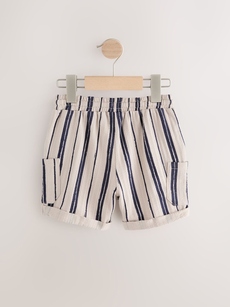 Off White/ Navy Blue Stripe Lightweight Textured Shorts (3mths-7yrs) - Image 2 of 4