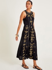 Monsoon Black Mimi Metallic Embroidered Midi Dress - Image 1 of 4