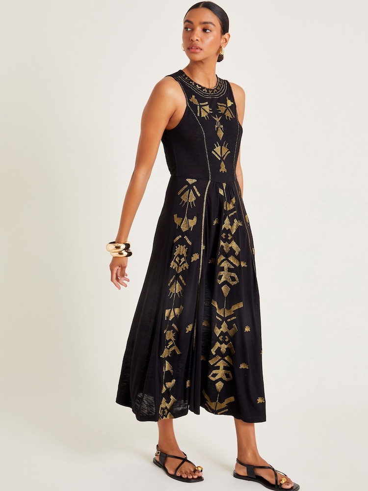 Monsoon Black Mimi Metallic Embroidered Midi Dress - Image 1 of 4