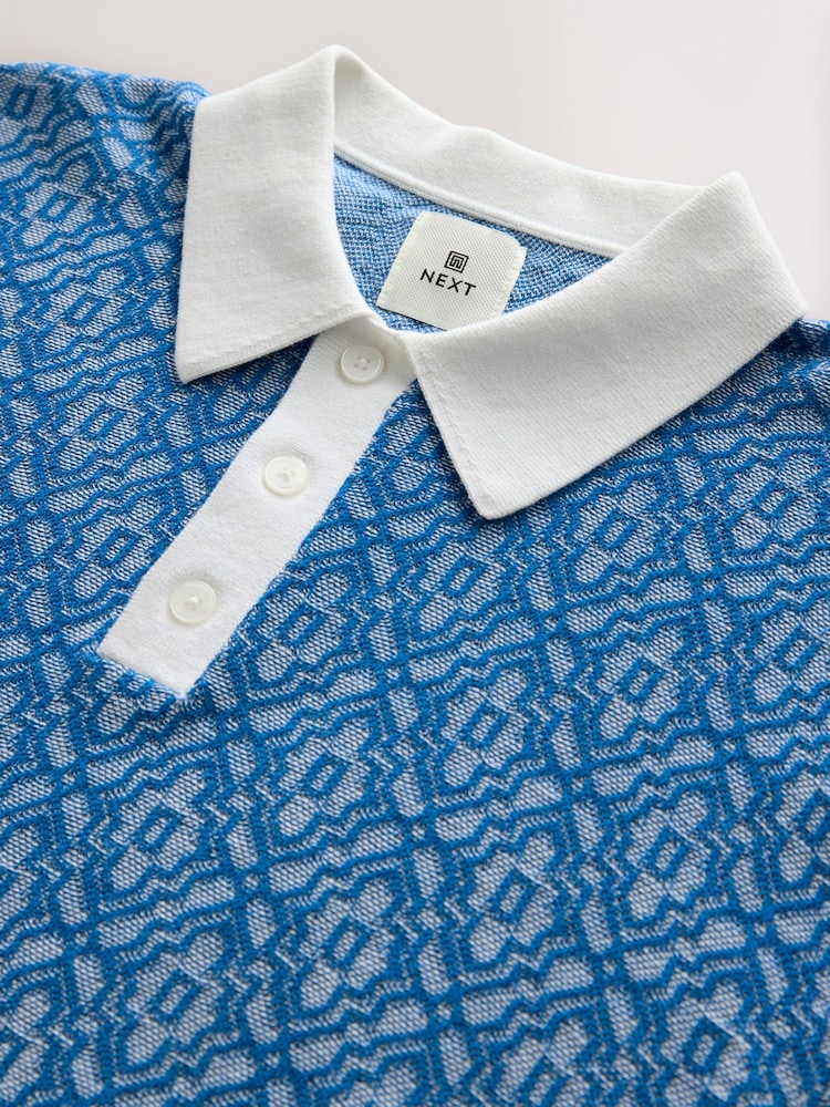Синьо-білий - стандартний крий 100% Cotton з коротким рукавом Geometric Knit сорочки поло - Image 10 of 11