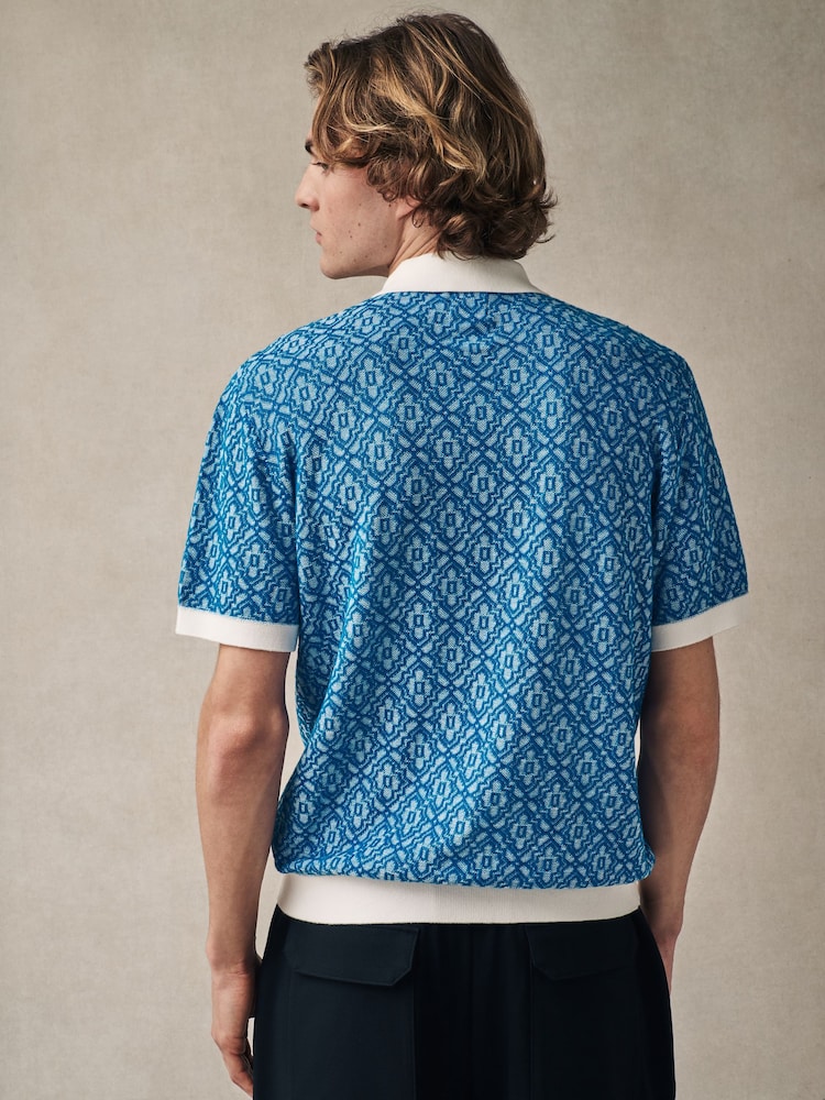 Синьо-білий - стандартний крий 100% Cotton з коротким рукавом Geometric Knit сорочки поло - Image 3 of 11