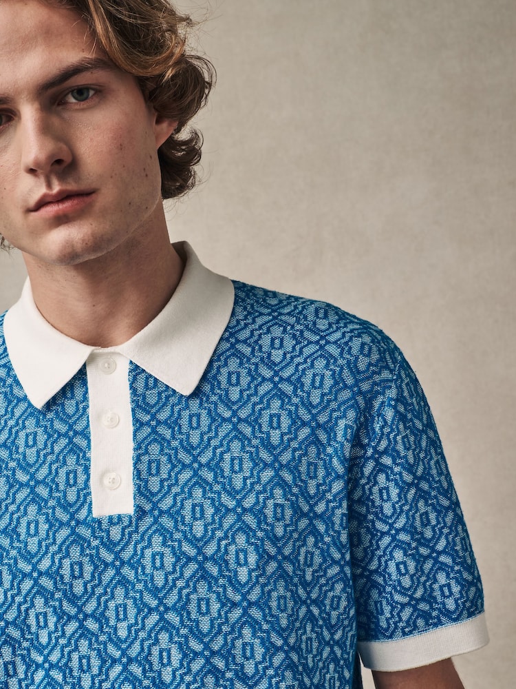 Синьо-білий - стандартний крий 100% Cotton з коротким рукавом Geometric Knit сорочки поло - Image 4 of 11