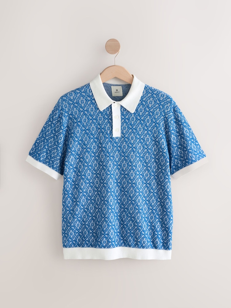 Синьо-білий - стандартний крий 100% Cotton з коротким рукавом Geometric Knit сорочки поло - Image 9 of 11