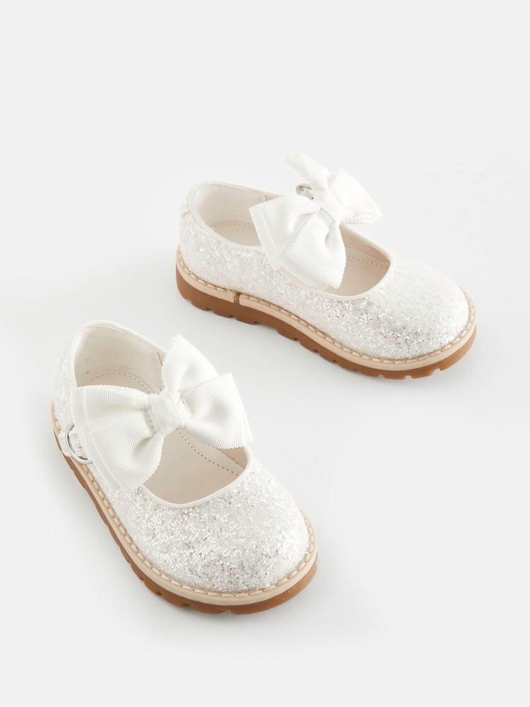 White Glitter Bow Wide Fit (G) Mary Jane Flower Girl Touch Fastening Bow Shoes - Image 1 of 5