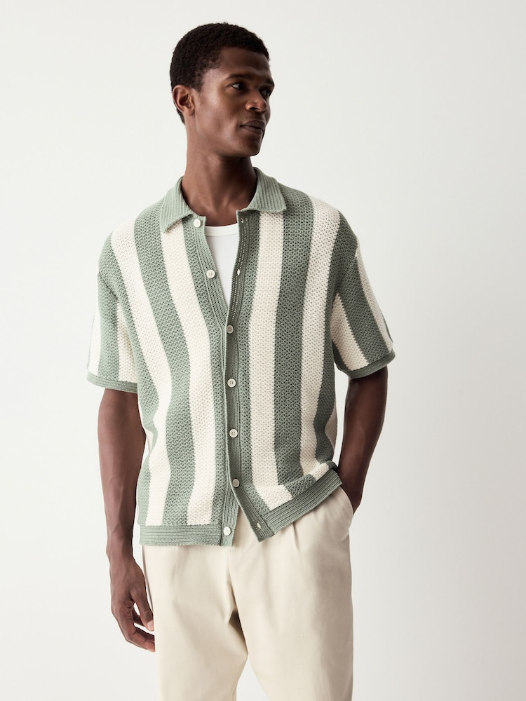 White/Sage Green Relaxed Fit Cotton Rich Short Sleeve Stripe Crochet Knit Shirt - Image 1 of 8