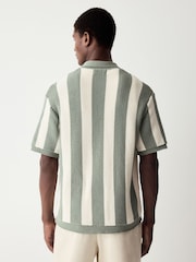 White/Sage Green Relaxed Fit Cotton Rich Short Sleeve Stripe Crochet Knit Shirt - Image 2 of 8