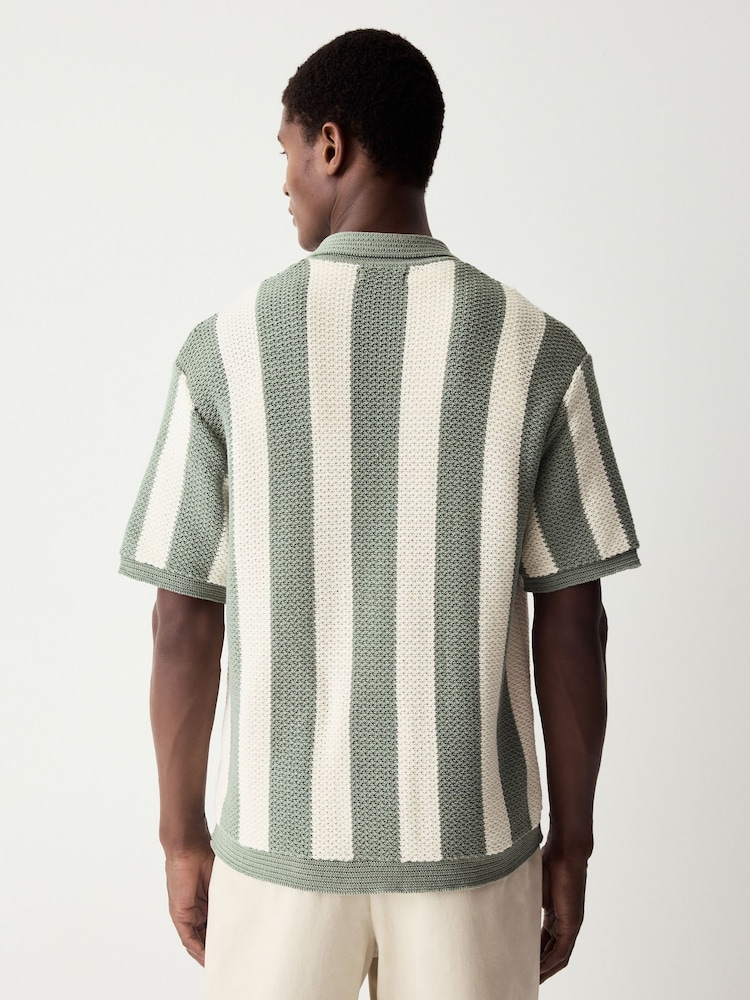 White/Sage Green Relaxed Fit Cotton Rich Short Sleeve Stripe Crochet Knit Shirt - Image 2 of 8