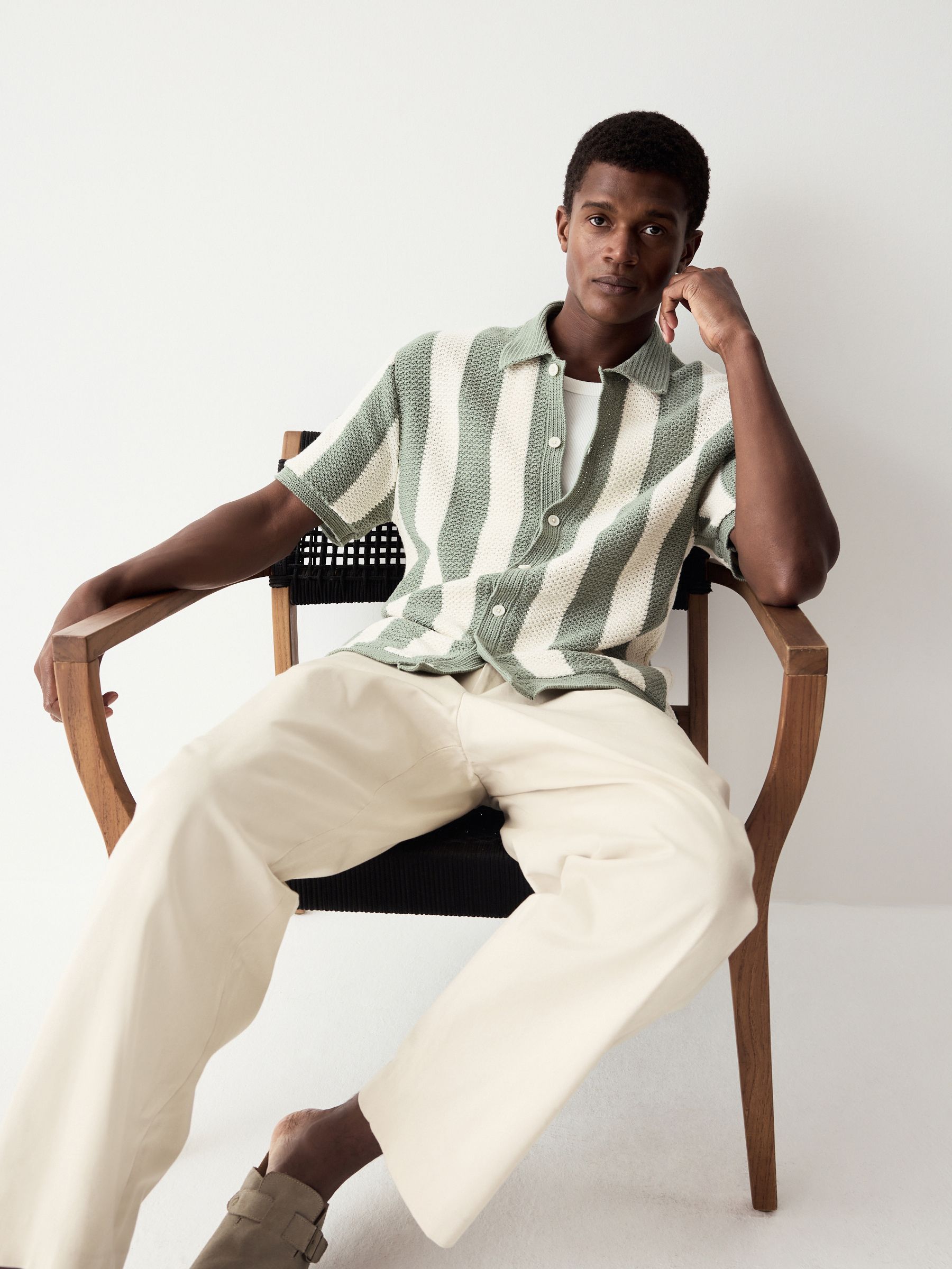 Buy White/Sage Green Relaxed Fit Cotton Rich Short Sleeve