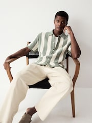 White/Sage Green Relaxed Fit Cotton Rich Short Sleeve Stripe Crochet Knit Shirt - Image 3 of 8