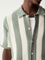 White/Sage Green Relaxed Fit Cotton Rich Short Sleeve Stripe Crochet Knit Shirt - Image 4 of 8