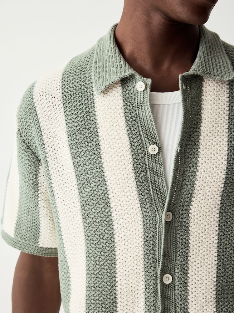 White/Sage Green Relaxed Fit Cotton Rich Short Sleeve Stripe Crochet Knit Shirt - Image 4 of 8