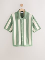 White/Sage Green Relaxed Fit Cotton Rich Short Sleeve Stripe Crochet Knit Shirt - Image 6 of 8