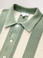 White/Sage Green Relaxed Fit Cotton Rich Short Sleeve Stripe Crochet Knit Shirt - Image 7 of 8
