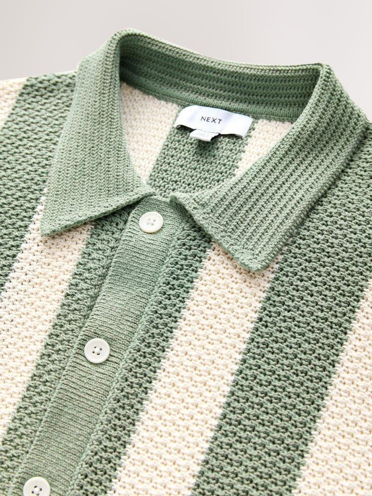 White/Sage Green Relaxed Fit Cotton Rich Short Sleeve Stripe Crochet Knit Shirt - Image 7 of 8
