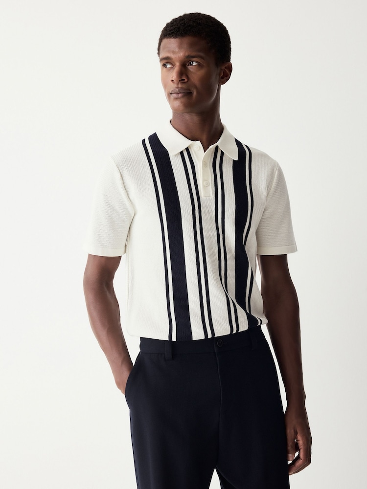 White/Navy Regular Fit 100% Cotton Short Sleeve Vertical Stripe Knit Polo Shirt - Image 3 of 8