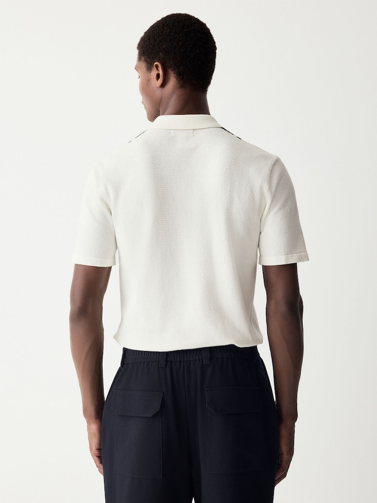 White/Navy Regular Fit 100% Cotton Short Sleeve Vertical Stripe Knit Polo Shirt - Image 4 of 8