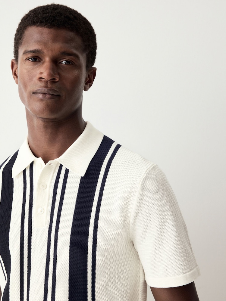 White/Navy Regular Fit 100% Cotton Short Sleeve Vertical Stripe Knit Polo Shirt - Image 5 of 8