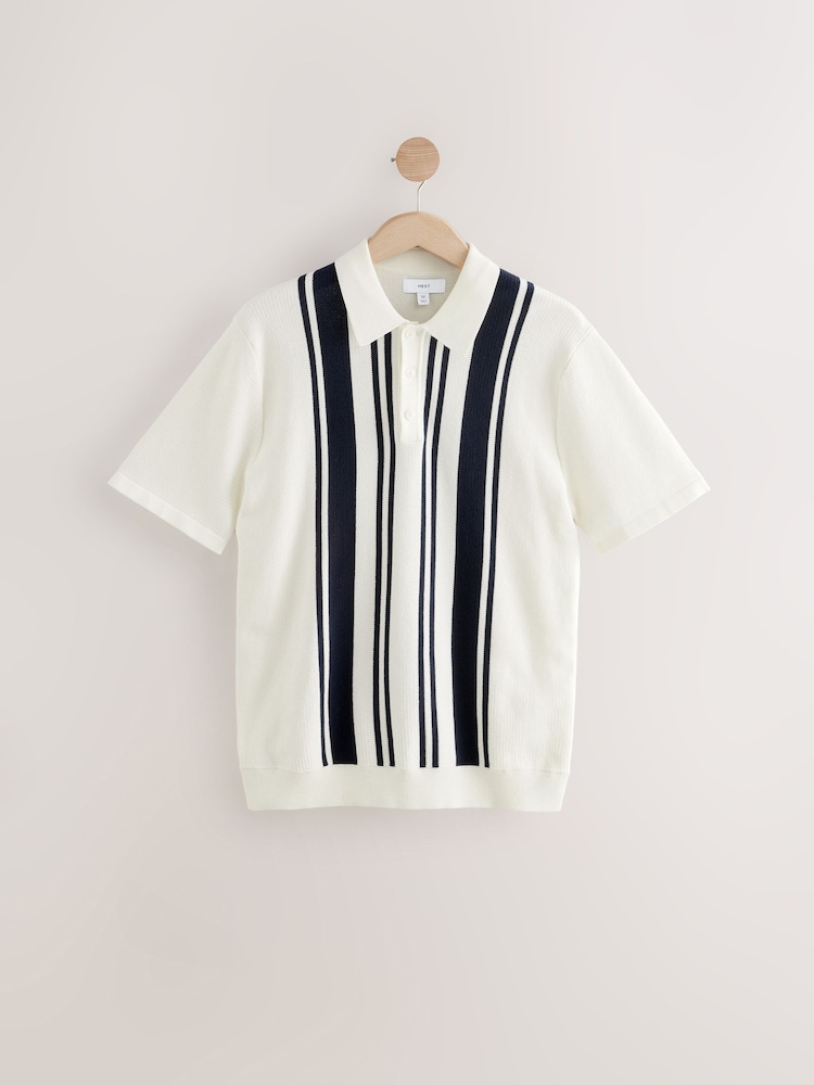 White/Navy Regular Fit 100% Cotton Short Sleeve Vertical Stripe Knit Polo Shirt - Image 6 of 8