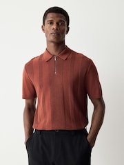 Rust Brown Regular Fit Cotton Rich Textured Knit Quarter Zip Polo Shirt - Image 1 of 4
