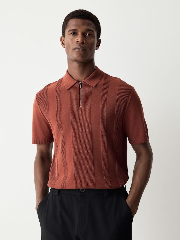 Rust Brown Regular Fit Cotton Rich Textured Knit Quarter Zip Polo Shirt - Image 1 of 4
