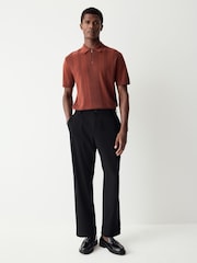 Rust Brown Regular Fit Cotton Rich Textured Knit Quarter Zip Polo Shirt - Image 2 of 4
