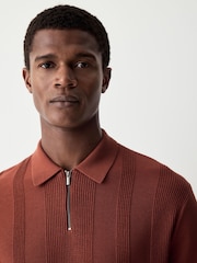 Rust Brown Regular Fit Cotton Rich Textured Knit Quarter Zip Polo Shirt - Image 4 of 4