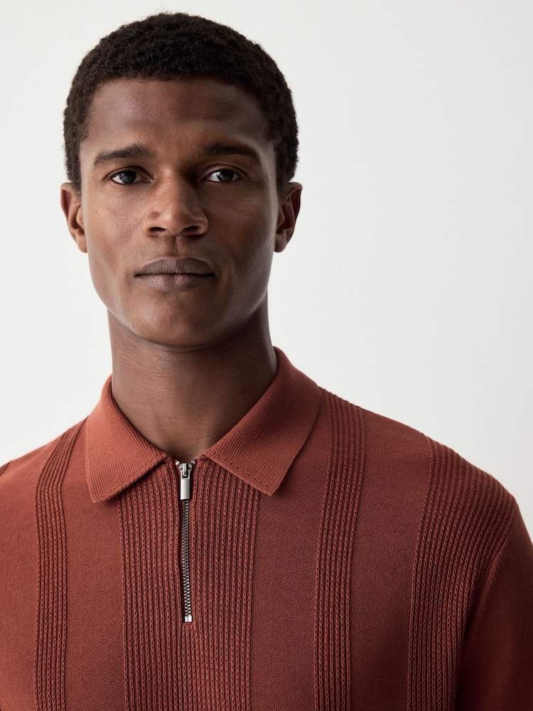 Rust Brown Regular Fit Cotton Rich Textured Knit Quarter Zip Polo Shirt - Image 4 of 4