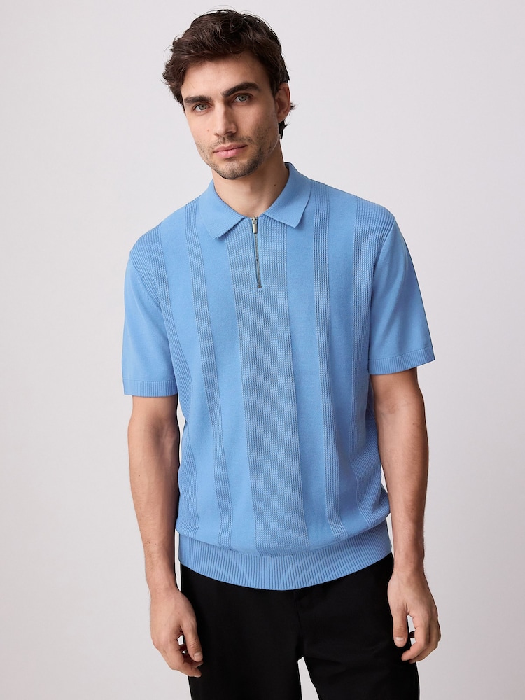 Mid Blue Regular Fit Cotton Rich Textured Knit Quarter Zip Polo Shirt - Image 2 of 9