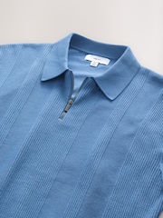 Mid Blue Regular Fit Cotton Rich Textured Knit Quarter Zip Polo Shirt - Image 9 of 9