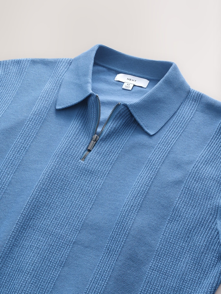 Mid Blue Regular Fit Cotton Rich Textured Knit Quarter Zip Polo Shirt - Image 9 of 9
