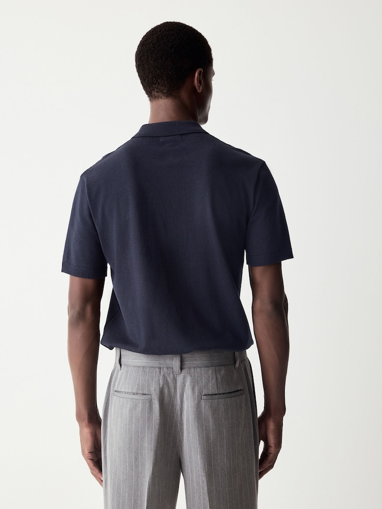 Navy Blue Regular Fit Cotton Rich Short Sleeve Knit Polo Shirt - Image 3 of 9