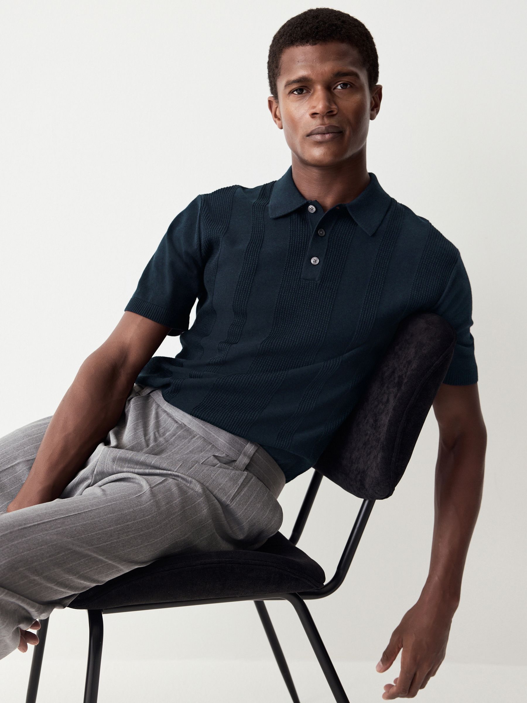 Buy Navy Blue Regular Fit Cotton Rich Textured Short Sleeve Knit