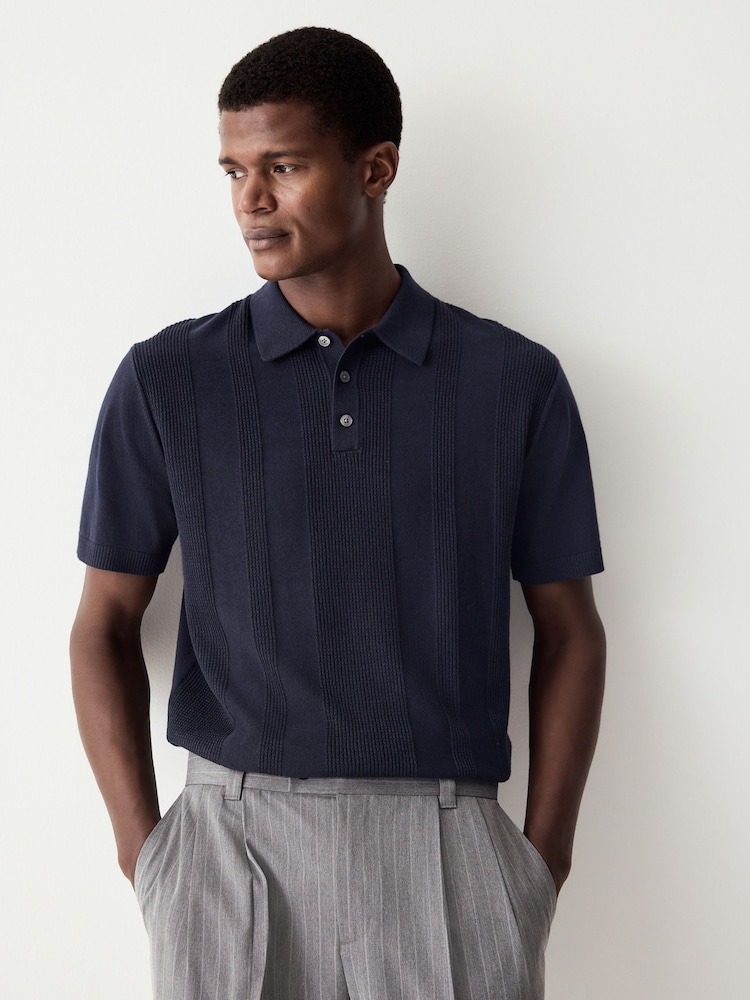 Navy Blue Regular Fit Cotton Rich Short Sleeve Knit Polo Shirt - Image 6 of 9