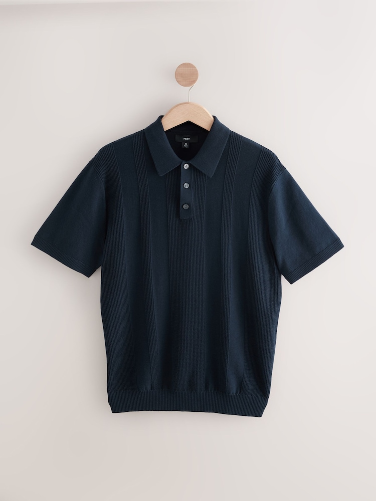 Navy Blue Regular Fit Cotton Rich Short Sleeve Knit Polo Shirt - Image 7 of 9