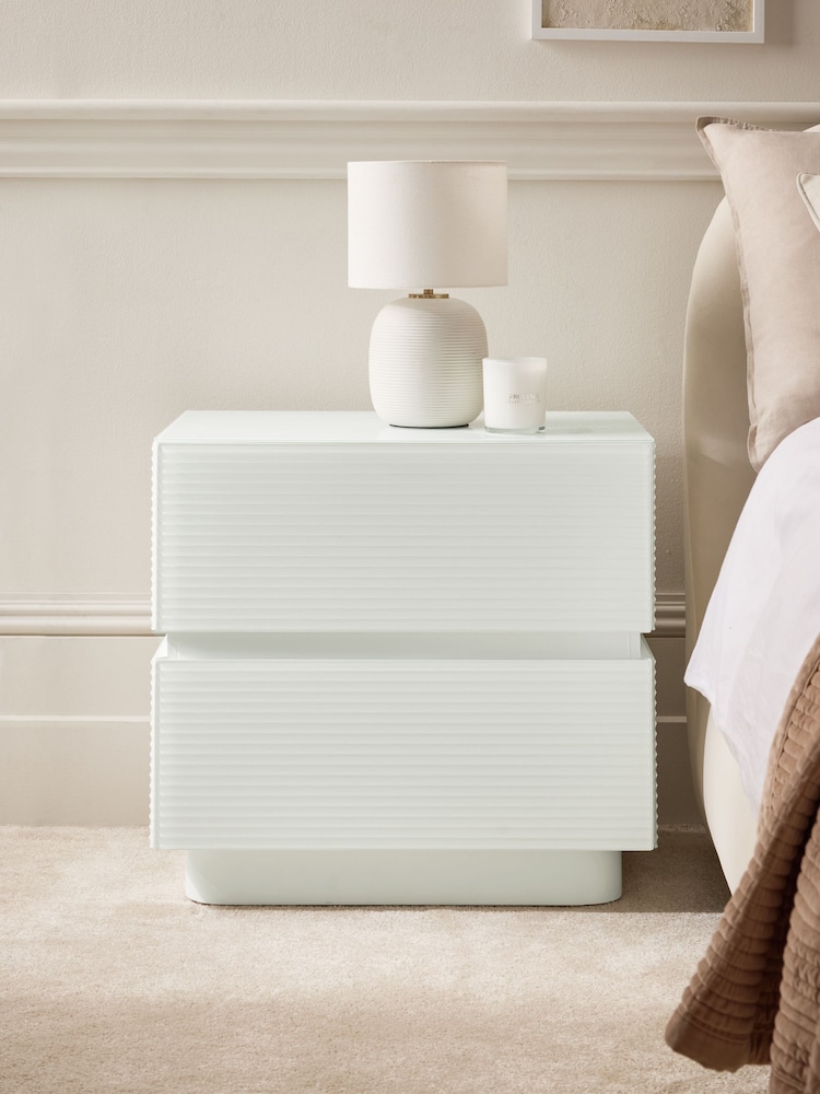 White Sloane Ribbed Glass 2 Drawer Wide Bedside Table - Image 1 of 6