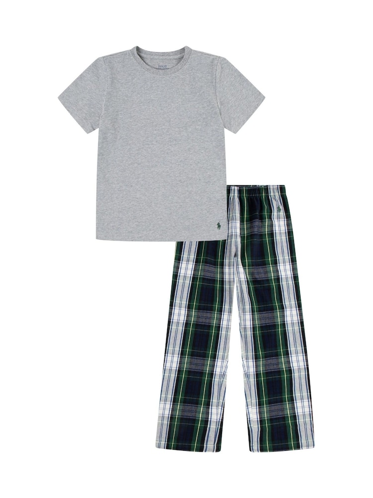 Polo Ralph Lauren Grey T-Shirt & Woven Check 100% Cotton Pyjama Set - Image 1 of 4
