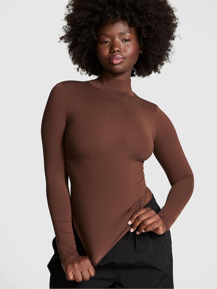 Victoria's Secret PINK Ganache Brown Mock Neck Soft Stretch T-Shirt - Image 1 of 3