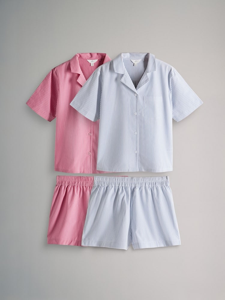 The Set Pink Stripe/Blue Stripe 2 Pack 100% Cotton Button Through Short Pyjamas - Image 1 of 7