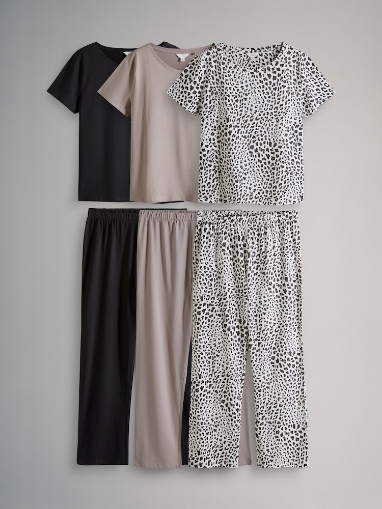 The Set Taupe Brown/Black/Animal 3 Pack Short Sleeve 100% Cotton Pyjamas - Image 1 of 9