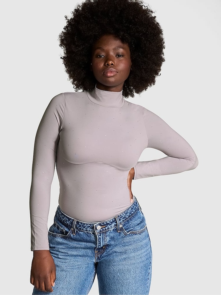 Victoria's Secret PINK Dutsy Purple Diamante Mock Neck Soft Stretch T-Shirt - Image 2 of 3
